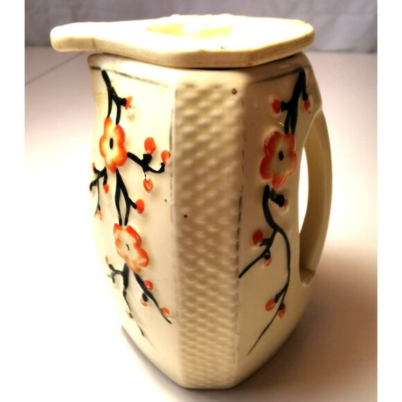 Vtg  60s Japanese Tea Caddy Jar Lidded Octagon Cream Cherry Blossom Sunburst - Picture 5 of 10